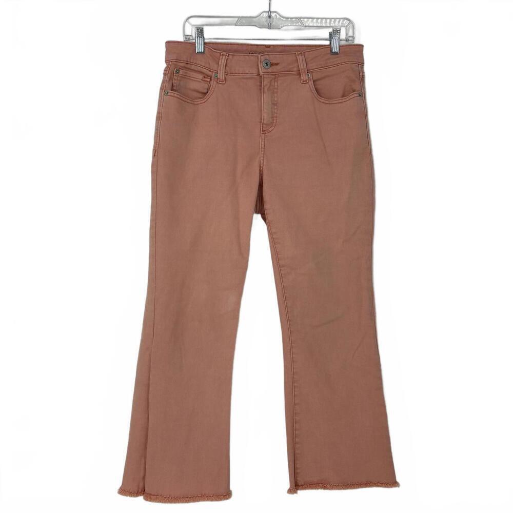 INC Denim Mid Rise Flare Jeans Salmon Pink Raw Hem Spring Summer Women's Size 8
